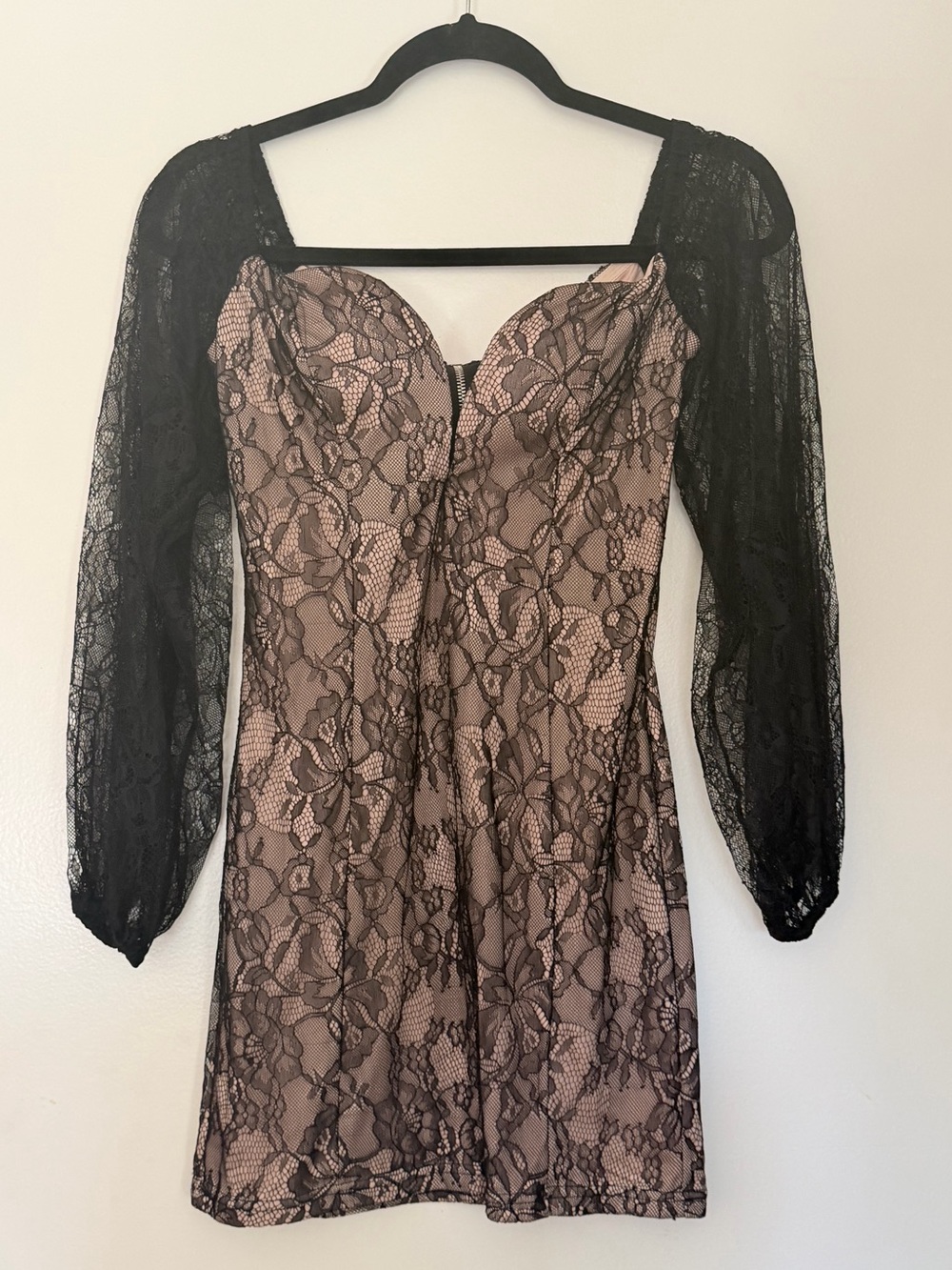 Black & Nude Lace Mini Dress with Sheer Lace Sleeves | Romantic Cocktail Dress
